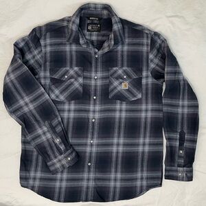 Carhartt Men's Casual Plaid Shirt Snap Buttons- Navy Blue and Gray